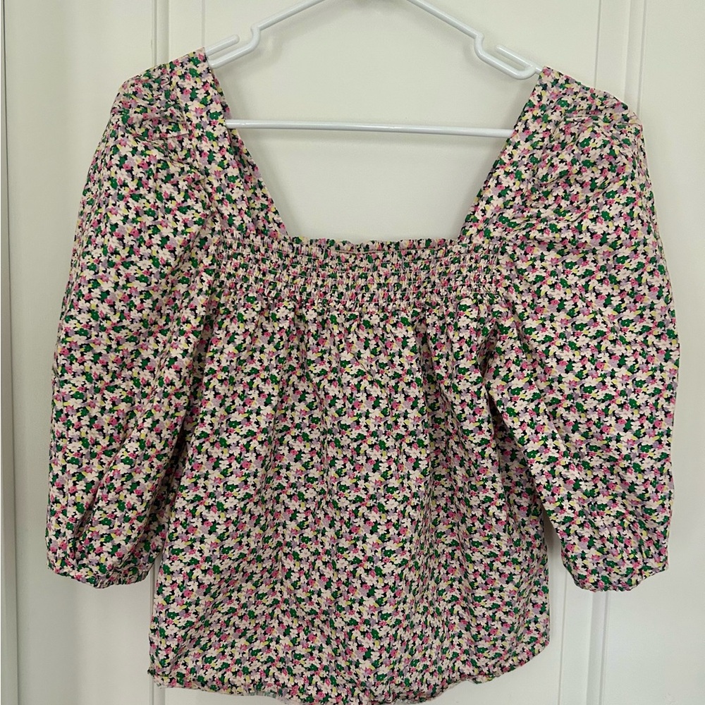 H&M Floral Blouse 3/4 Sleeve Smocked Bodice Square Neck Size Small